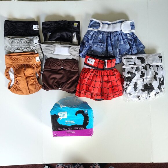 Dog Female Diapers 9 Reusable + 10 Disposable Waist 14" - 22" Skirts Washable - Picture 1 of 15